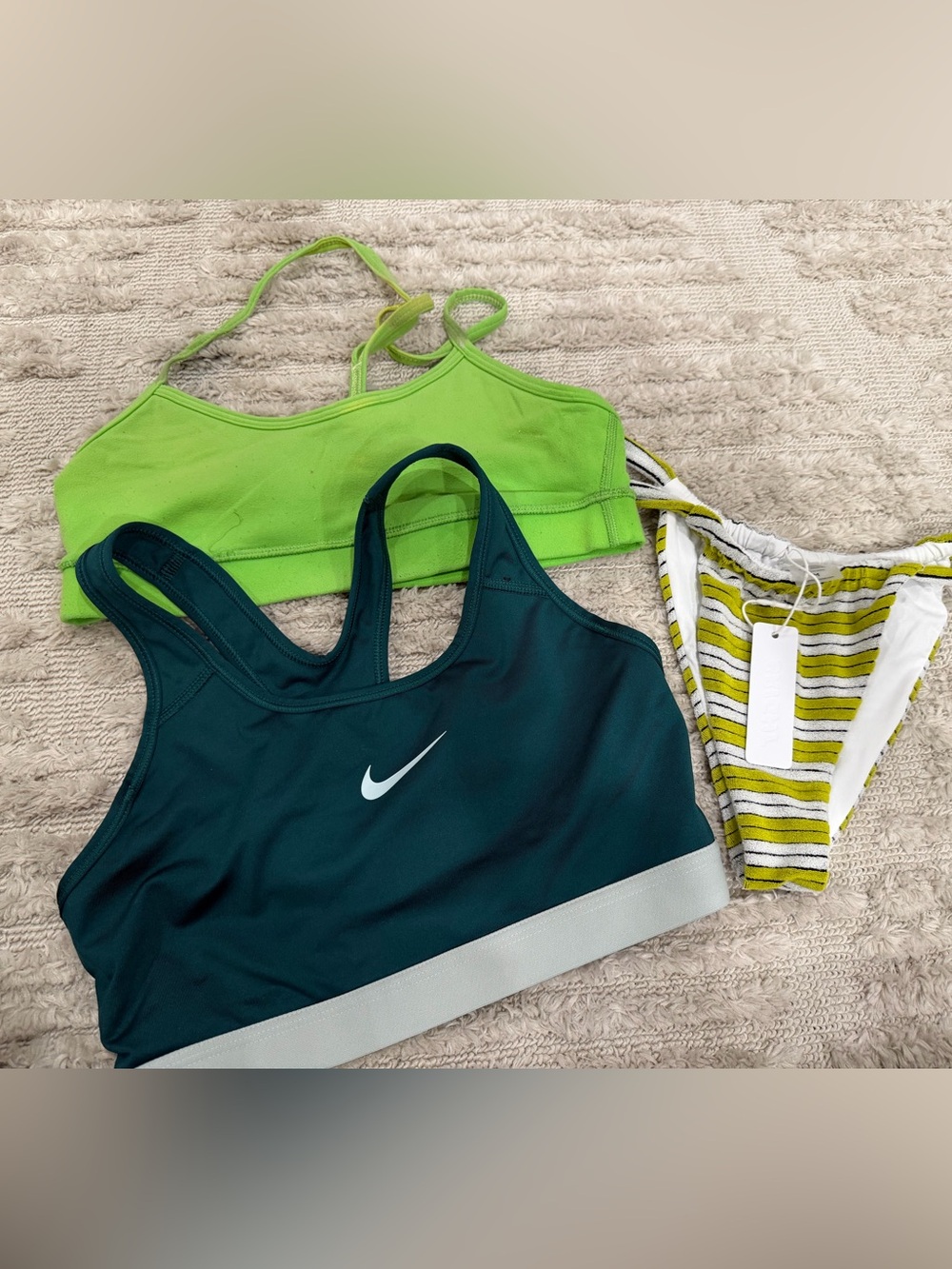 Nike Dark Teal and Lime Green Racerback Sports Bras